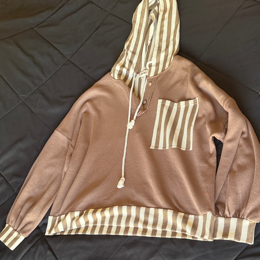 BiBi Brown and Cream Striped waffle Hoodie Sweater